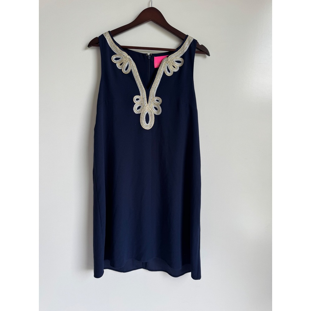 Lilly Pulitzer Cherlyn Soft Shift Dress Navy Gold Soutache Embroidery 8 Event